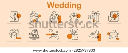 Wedding set icon. Marriage invitation, ceremonial arch, romantic couple, festive celebration, wrapped present, love message, heart balloons, floral dessert, airborne letter, bridal ceremony