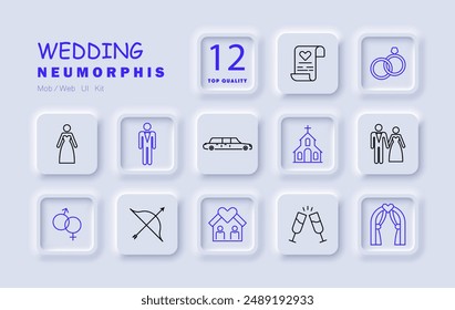 Wedding set icon. Various wedding elements including rings, bride, groom, church, limousine, cake, celebration, vows, ceremony, love, marriage, event, reception, party, engagement, decor.