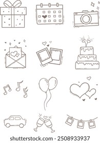 Iconos de la Boda dibujados a mano arte de línea. Vector dibujado a mano doodle set
