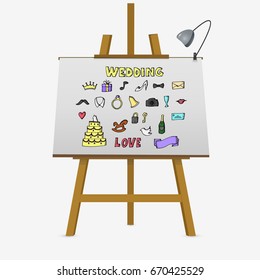 Wedding set illustration on easel. Wedding icons. Doodle colorful wedding theme. Isolated on white background. Vector icons