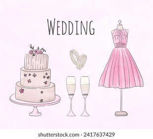 Wedding set of illustrations with cake, glasses of champagne and wedding rings.