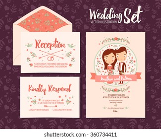 Invitación del conjunto de bodas de 3 tarjetas de ilustración vectoriales. Recepción, gentileza de responder y ilustración de la pareja de bodas. Suite de tarjetas con románticas plantillas de flores.