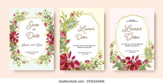 Wedding set  invitation card vintage cherry bouquet on green background isolated on white. Sketched wreath floral and herbs with green, greenery. Vector hand drawn watercolor paintings style.