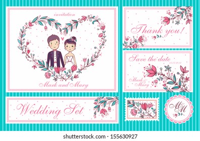 Wedding Set. Set of wedding invitation cards, thank you card, save the date cards.