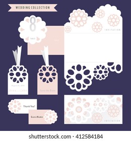Wedding set. The invitation and cards with white ribbons.  Laser cut wedding invitation template. Vector  stock.