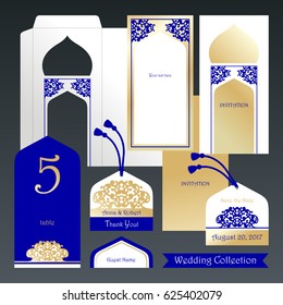 Wedding set. Invitation in a envelope. Guest card. Template of cover for laser cutting. Vector stock.