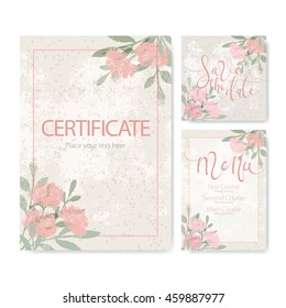 Wedding set. Invitation, menu, certificate. Abstract grunge flowers vector background. Save the date lettering