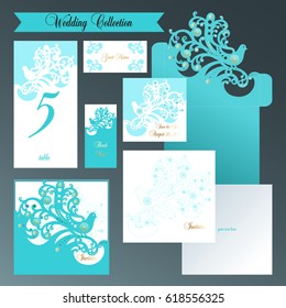 Wedding set. Invitation in a square openwork envelope with a bird. Guest card. Template of cover for laser cutting.