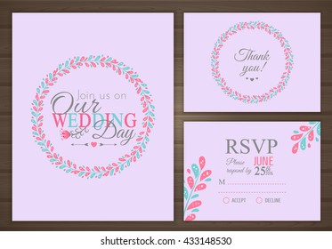 Wedding set. Wedding invitation, thank you card, RSVP. Vector illustration