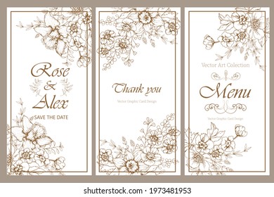 Wedding set of invitations, cards, menus with contour design from flowers. Vector illustration.