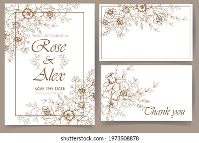 Wedding set of invitations, cards, menus with contour design from flowers. Vector illustration.
