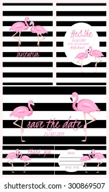Wedding set invitations and cards with a striped background and pink flamingos