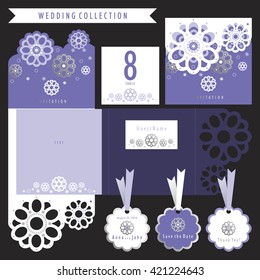 Wedding set.  Label, card, invitation. Laser cut invitation template. Cutout paper card with decorative flowers. 