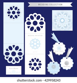 Wedding set. Laser cut invitation template. Cutout paper card with decorative flowers. 