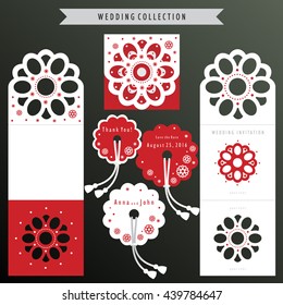 Wedding set. Laser cut invitation template. Red and white. Cutout paper card with decorative flowers. Vector stock.