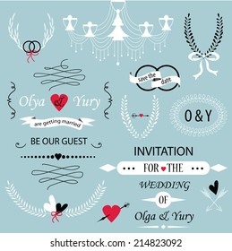 Wedding set with laurels, calligraphic elements, rings, bows, ribbons, arrows and chandelier svg