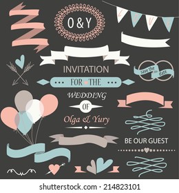 Wedding set with laurels, calligraphic elements, rings, bows, ribbons, arrows, balloons and hearts