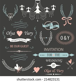 Wedding set with laurels, calligraphic elements, rings, bows, ribbons, arrows and chandelier svg