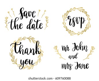 Wedding Set of lettering quotes and phrases. Vector illustration of black text in golden wreaths