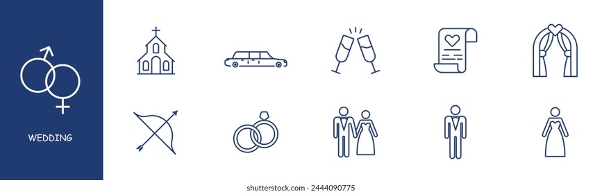 Wedding set line icon. Church, bow, Cupid, love, emotions, couple, groom, bride, contract, document, registration. Pastel colors background Vector line icon for business and advertising