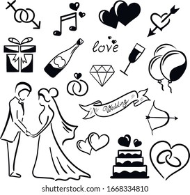 Wedding set, love, vector isolated design elements on white background  . Concept for logo, icon , cards , invitation