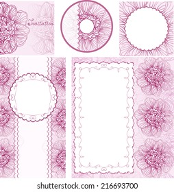Wedding set. Magenta background with peonies flowers. Ornamental frame for announcements, invitations, CD-disks, envelopes, labels, greetings cards. Easily edited vector format for your project.