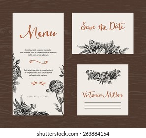 Wedding set. Menu, save the date, guest card. Black and white flowers peonies and roses. Vintage vector illustration.