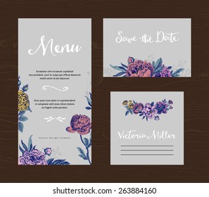 Wedding set. Menu, save the date, guest card. Colorful flowers peonies and roses on a gray background. Vintage vector illustration.