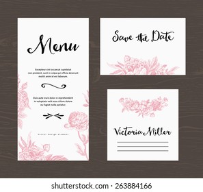 Wedding set. Menu, save the date, guest card. Pink flowers peonies and roses. Vintage vector illustration.