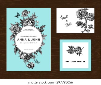 Wedding set. Menu, save the date, guest card. Black and white flowers peonies on mint background. Vintage vector illustration.