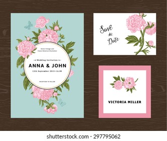 Wedding set. Menu, save the date, guest card. Pink flowers peonies. Vintage vector illustration.