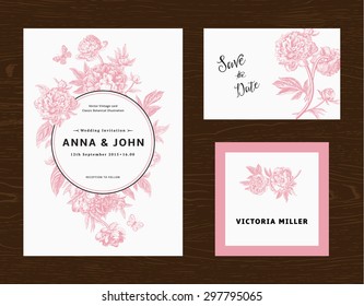 Wedding set. Menu, save the date, guest card. Pink flowers peonies. Vintage vector illustration.