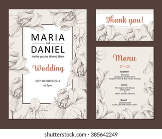 Wedding set. Menu, save the date, invitation card. Vintage vector illustration.