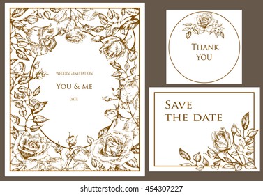  Wedding set. Menu, save the date, guest card.  flowers rose with buds and leaves, elegant, tender style. Hand drawn invitation