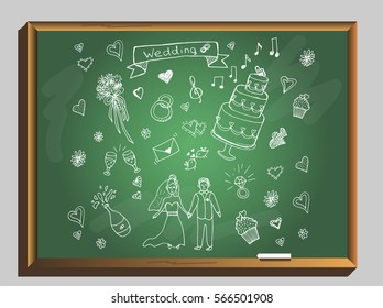 Wedding set on chalkboard. wedding day. vector illustration.