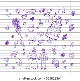 Wedding set on a copybook background. wedding day. vector illustration.