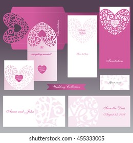 Wedding set. Openwork heart. Laser cut template. Envelope, invitation, cards, label.