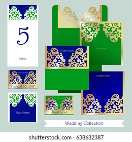 Wedding set in oriental style. Green envelope with a golden patterned frame and blue invitation. Guest card. Template of cover for laser cutting. Vector stock.