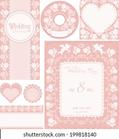 Wedding set. Pink backgrounds with roses and cupids. Ornamental frame for announcements, invitations, CD-disks, envelopes, labels, tags, greetings cards. Easily edited vector format for your project.