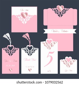 Wedding set. Pink cutout envelope with rose gold heart and pendant labels for wedding day. Template of cover for laser cutting. 