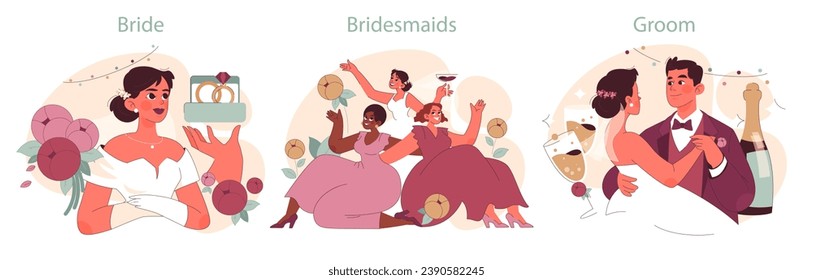 Juego de bodas. La novia radiante admira el regalo, las alegres damas de honor celebran con el vino, el novio amoroso acompaña a la bowtie. Momentos previos a la boda. Ilustración vectorial plana.