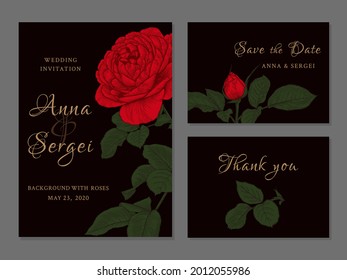 Wedding set with red roses on dark background.  Floral cards with roses. Flowering ornament, hand-drawn in vector. Vintage pattern. Botanical illustration. Golden greeting.