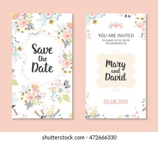 Wedding set. Romantic vector cards template. Vintage illustration.