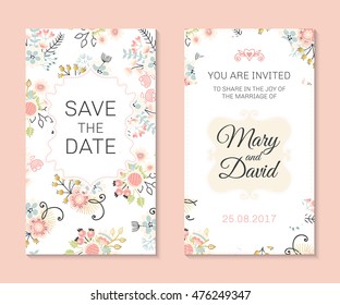 Wedding set. Romantic vector cards template. Vintage illustration.