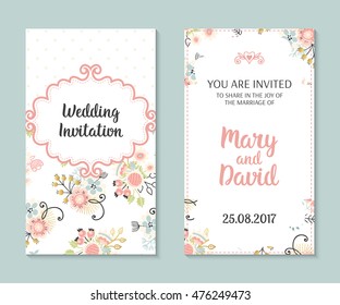  Juego de bodas. Plantilla de tarjetas vectoriales románticas. Ilustración vintage.