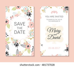 Wedding set. Romantic vector cards template. Vintage illustration.