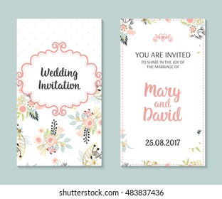 Wedding set. Romantic vector cards template. Vintage illustration.