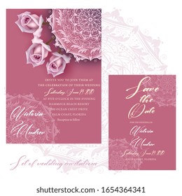 Wedding set with rose buds and a Mandala pattern on a pink background with an example of the invitation text.