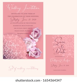 Wedding set with roses and a mandala pattern on a warm background with an example of the invitation text.
