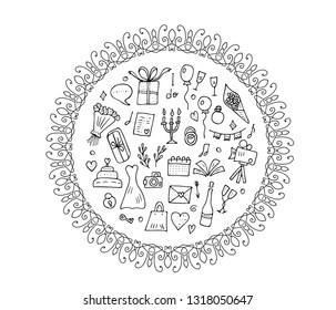 Wedding set round composition. Holiday elements in doodle style with vintage wreath. Vector illustration.